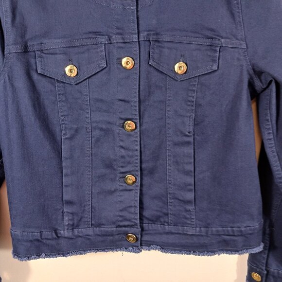Kim Gravel, Belle, Medium Navy Denim Jacket with Gold Buttons and Frayed Trim - Picture 6 of 15
